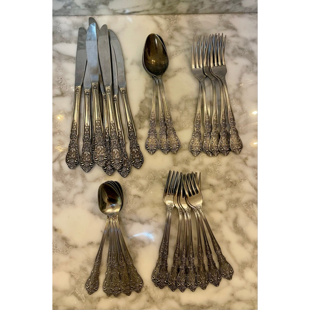 Rose Japan Stainless Baroque Scroll Flatware Set 29 Pc Knives Forks Spoons VTG
